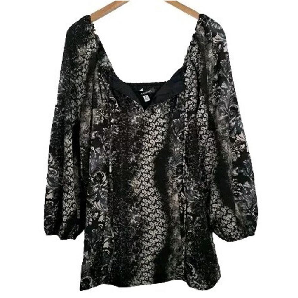 NWT UO Smocked Back Mini Dress Womens M Black Cream Motif Long Sleeve Babydoll